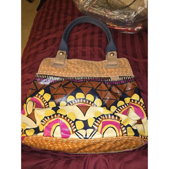 Fossil Key-Per Coated Canvas Hobo Tote Bold  Print Pattern Large Shoulder Bag - Picture 3 of 8